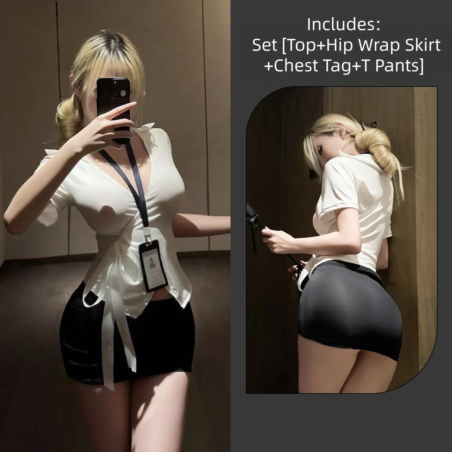 Tight-fitting Temptation Deep V Skirt Secretary Uniform Hip Hugging Skirt Lingerie Waist Cinching Girl Tie Up Set