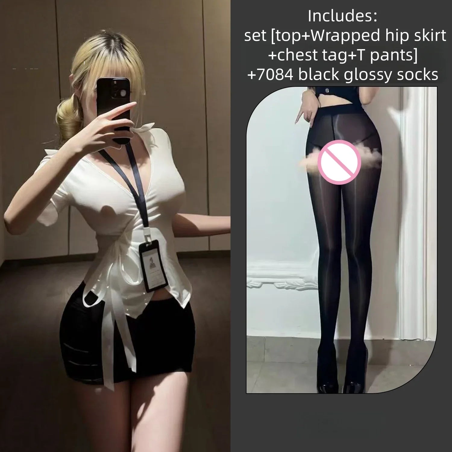 Tight-fitting Temptation Deep V Skirt Secretary Uniform Hip Hugging Skirt Lingerie Waist Cinching Girl Tie Up Set