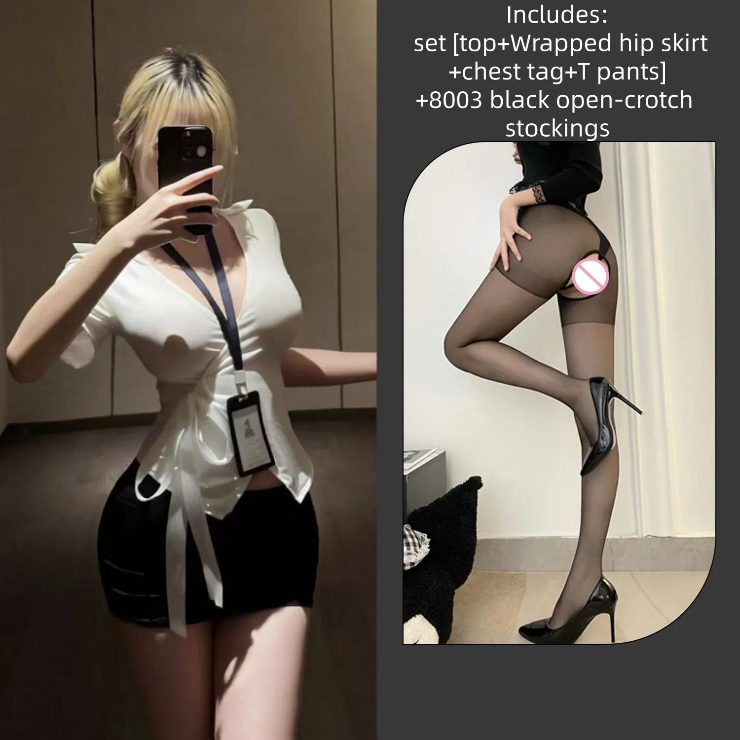 Tight-fitting Temptation Deep V Skirt Secretary Uniform Hip Hugging Skirt Lingerie Waist Cinching Girl Tie Up Set