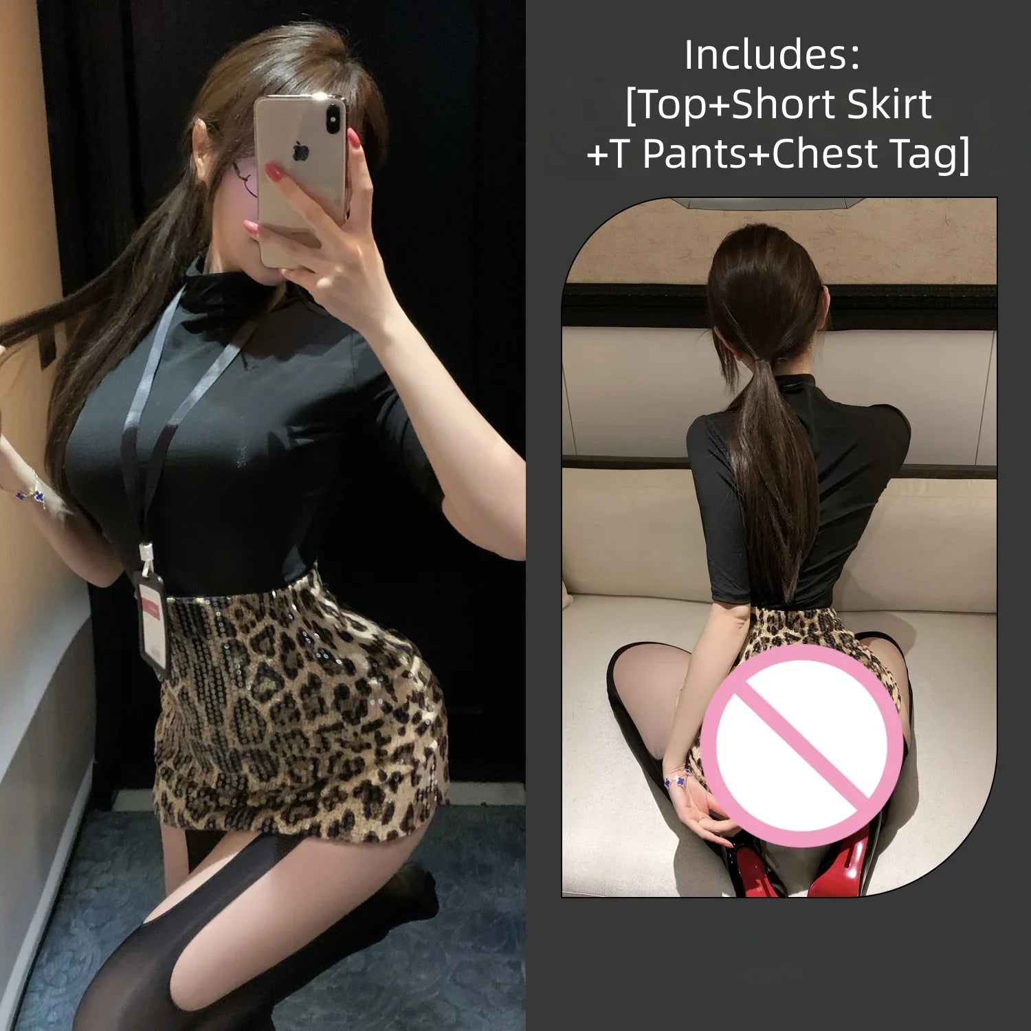 Tight-fitting Temptation Half High Collar Slim Fit Lingerie Sequins Leopard Print Hip Hugging Skirt Professional Suit