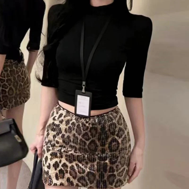 Tight-fitting Temptation Half High Collar Slim Fit Lingerie Sequins Leopard Print Hip Hugging Skirt Professional Suit