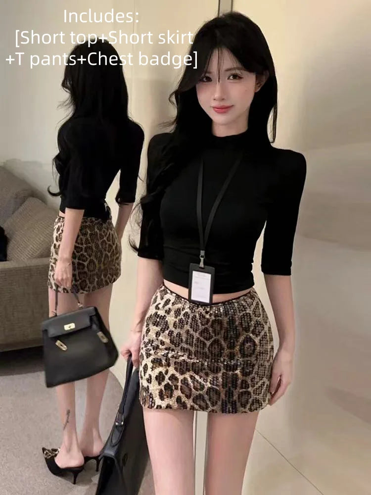 Tight-fitting Temptation Half High Collar Slim Fit Lingerie Sequins Leopard Print Hip Hugging Skirt Professional Suit
