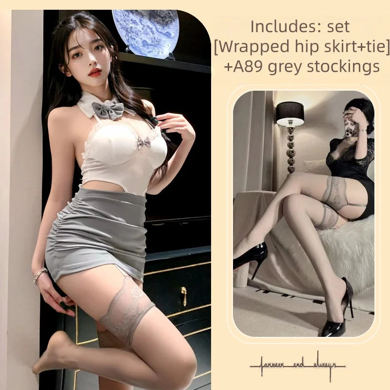 Tight-fitting Temptation Girl Wrapped Hip Skirt Lace Bow Tie Neck Hanging Lapel Hollowed Out Backless Lingerie