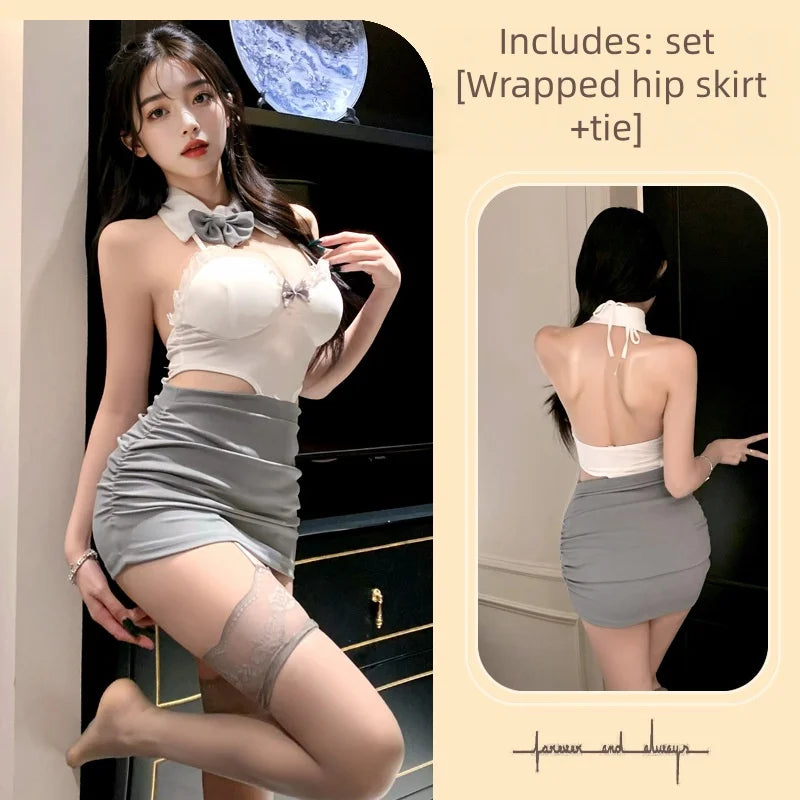 Tight-fitting Temptation Girl Wrapped Hip Skirt Lace Bow Tie Neck Hanging Lapel Hollowed Out Backless Lingerie
