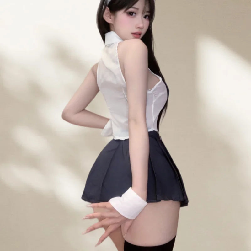 Two-piece Suit Flirtatious Temptation Junior Girl's Shirt Split Uniform Erotic Lingerie Seductive College Skirt Female