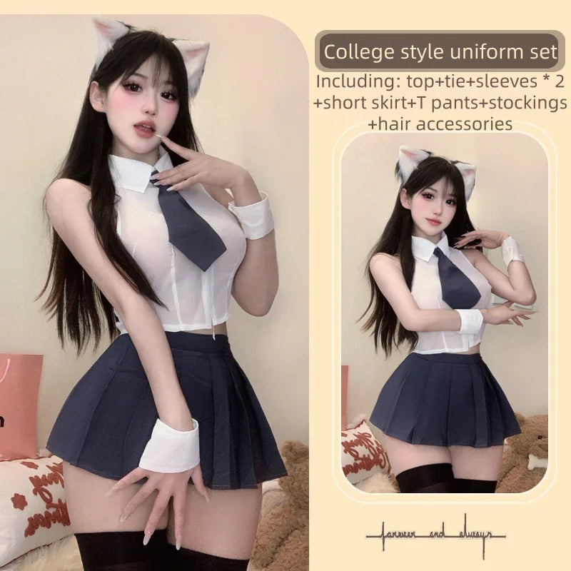 Two-piece Suit Flirtatious Temptation Junior Girl's Shirt Split Uniform Erotic Lingerie Seductive College Skirt Female