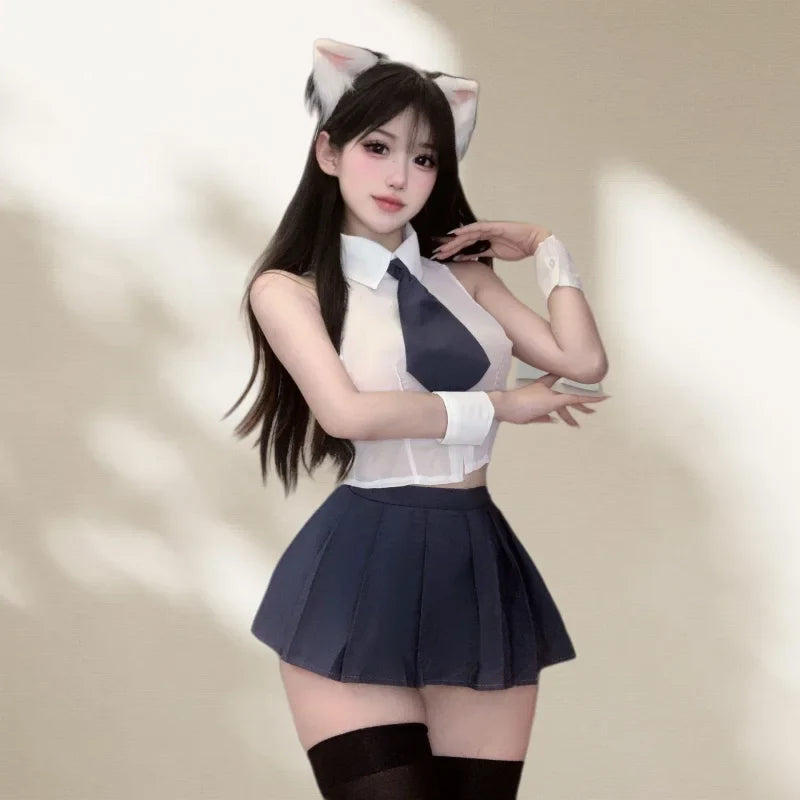 Two-piece Suit Flirtatious Temptation Junior Girl's Shirt Split Uniform Erotic Lingerie Seductive College Skirt Female