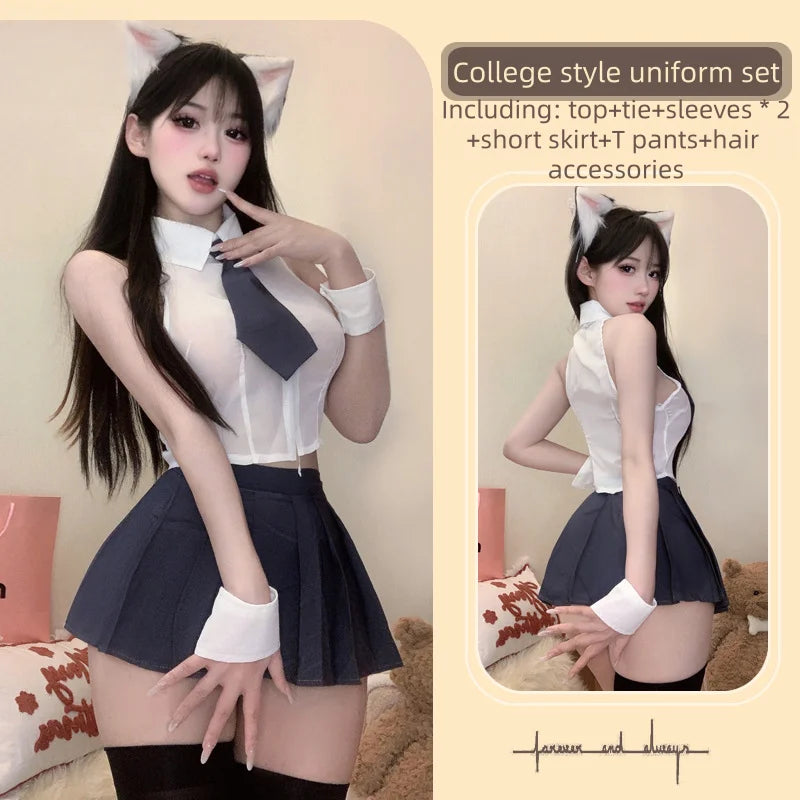 Two-piece Suit Flirtatious Temptation Junior Girl's Shirt Split Uniform Erotic Lingerie Seductive College Skirt Female