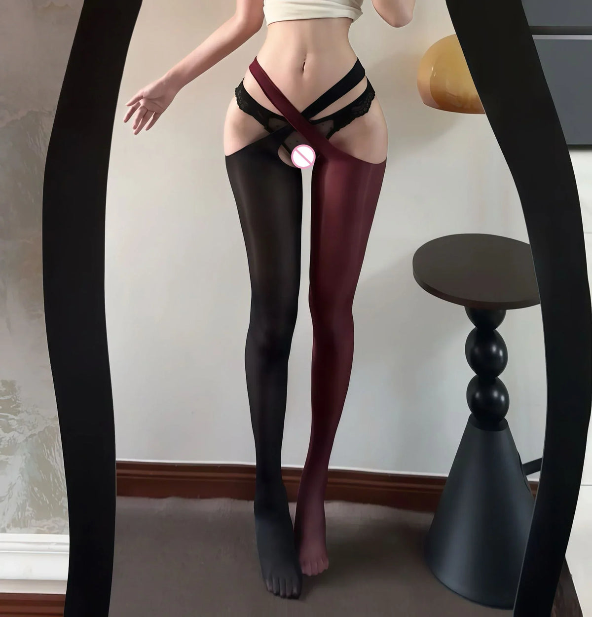 Ultra-thin Facial Mask Open-cut Stockings Cross-dressing Pantyhose Shiny Black Silk Hollow-out No-removal Hand-tearable