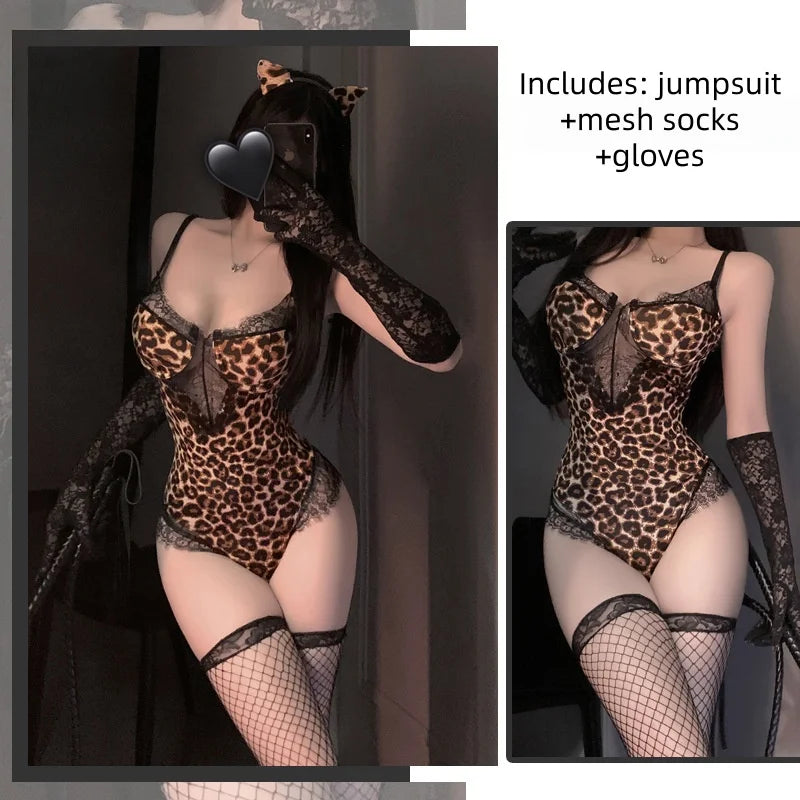 Uniform Backless Wild European and American Style Girl Seduces Leopard Print Lace Jumpsuit Seductive Lingerie