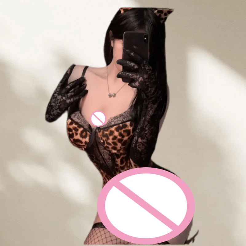 Uniform Backless Wild European and American Style Girl Seduces Leopard Print Lace Jumpsuit Seductive Lingerie