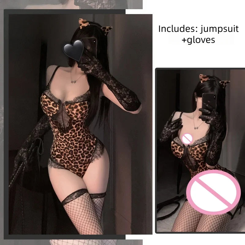 Uniform Backless Wild European and American Style Girl Seduces Leopard Print Lace Jumpsuit Seductive Lingerie
