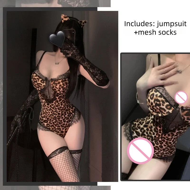 Uniform Backless Wild European and American Style Girl Seduces Leopard Print Lace Jumpsuit Seductive Lingerie