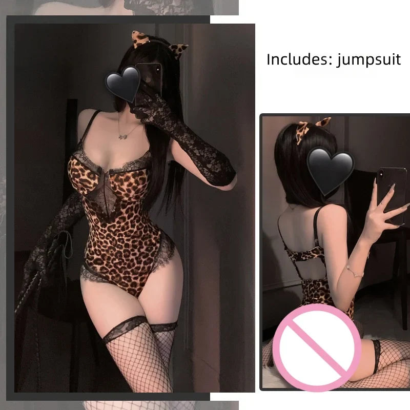 Uniform Backless Wild European and American Style Girl Seduces Leopard Print Lace Jumpsuit Seductive Lingerie