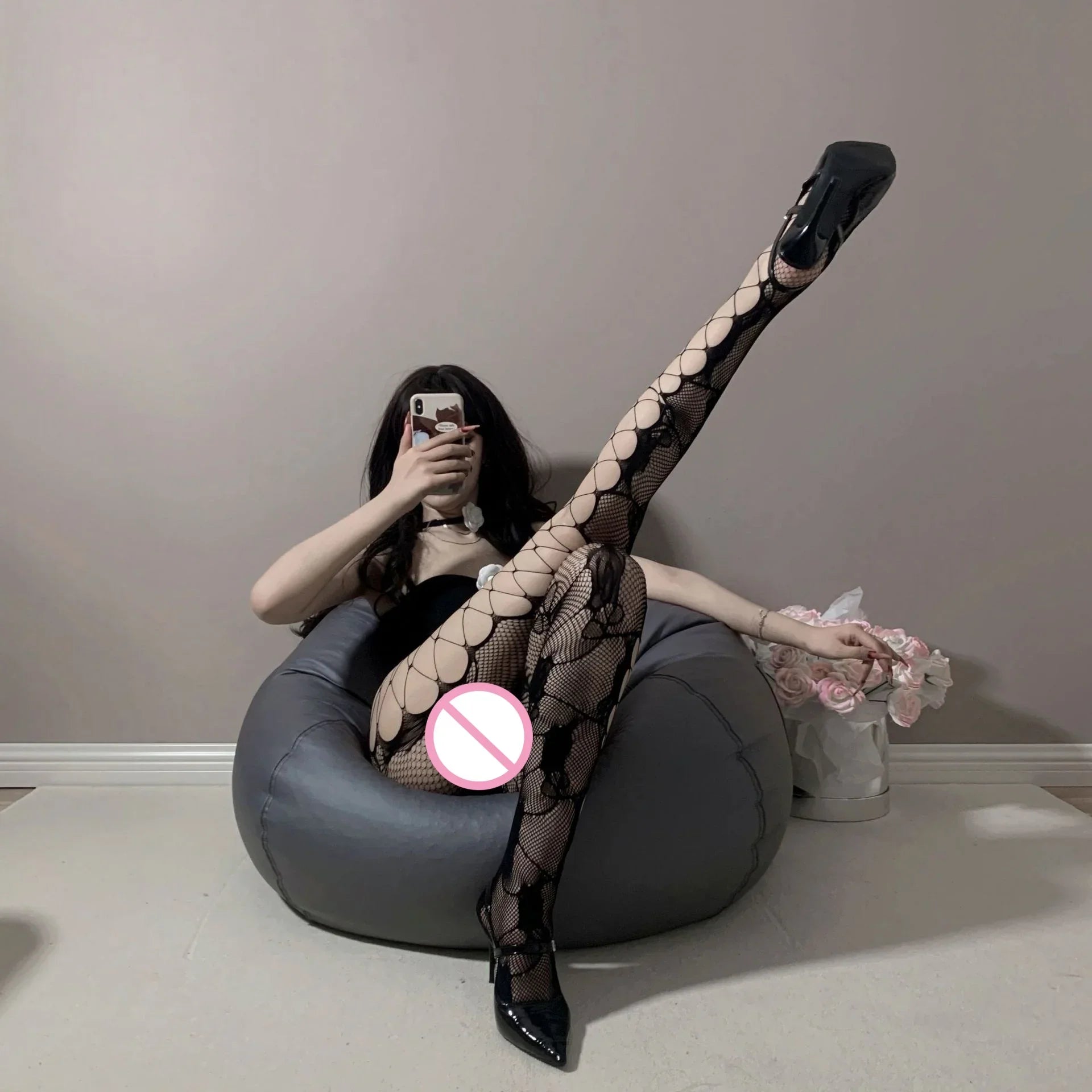 Versatile Bold Seductive Stockings Retro Fishing Net Socks Black Side Mesh Rose Hollow Stockings Pantyhose Black Silk