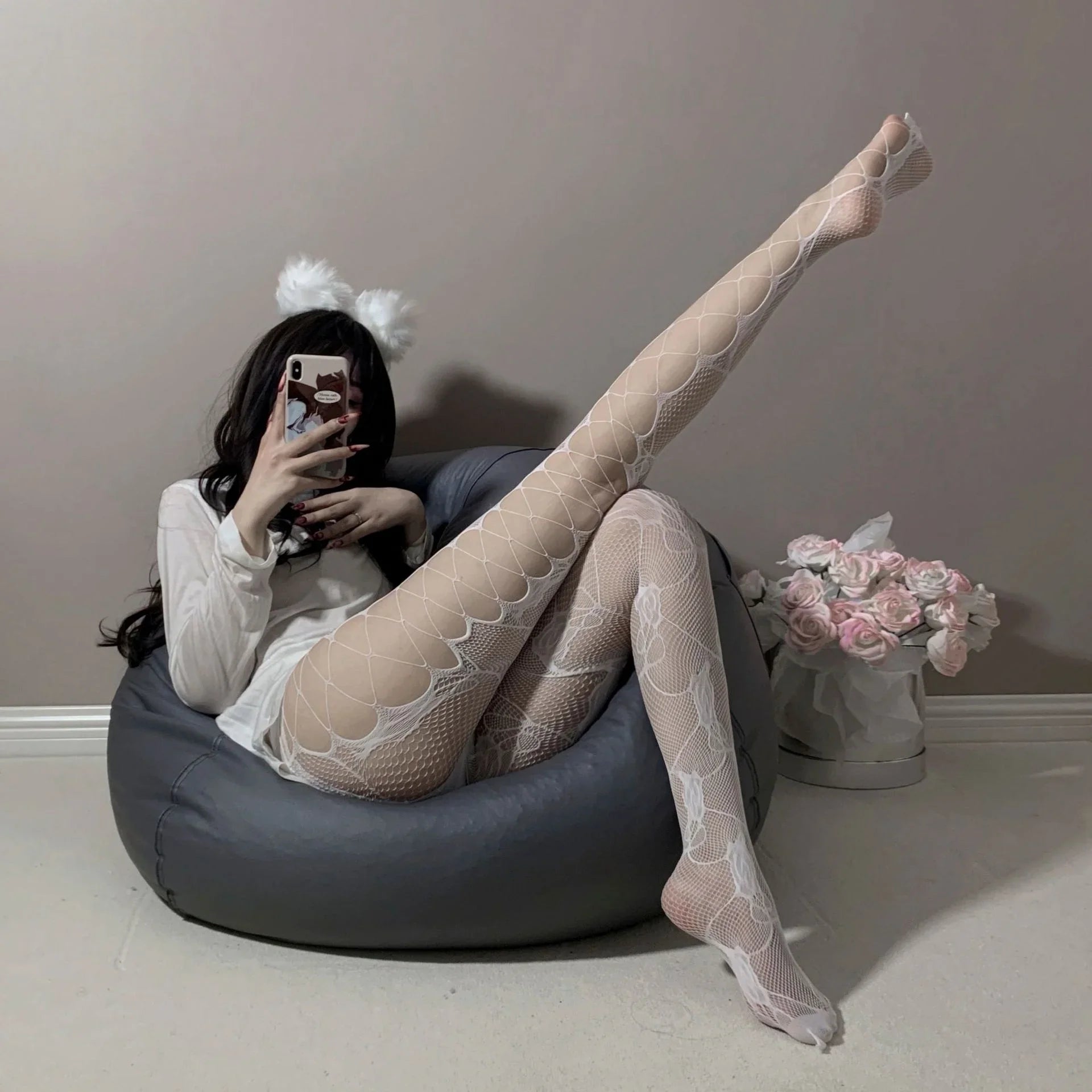 Versatile Bold Seductive Stockings Retro Fishing Net Socks Black Side Mesh Rose Hollow Stockings Pantyhose Black Silk