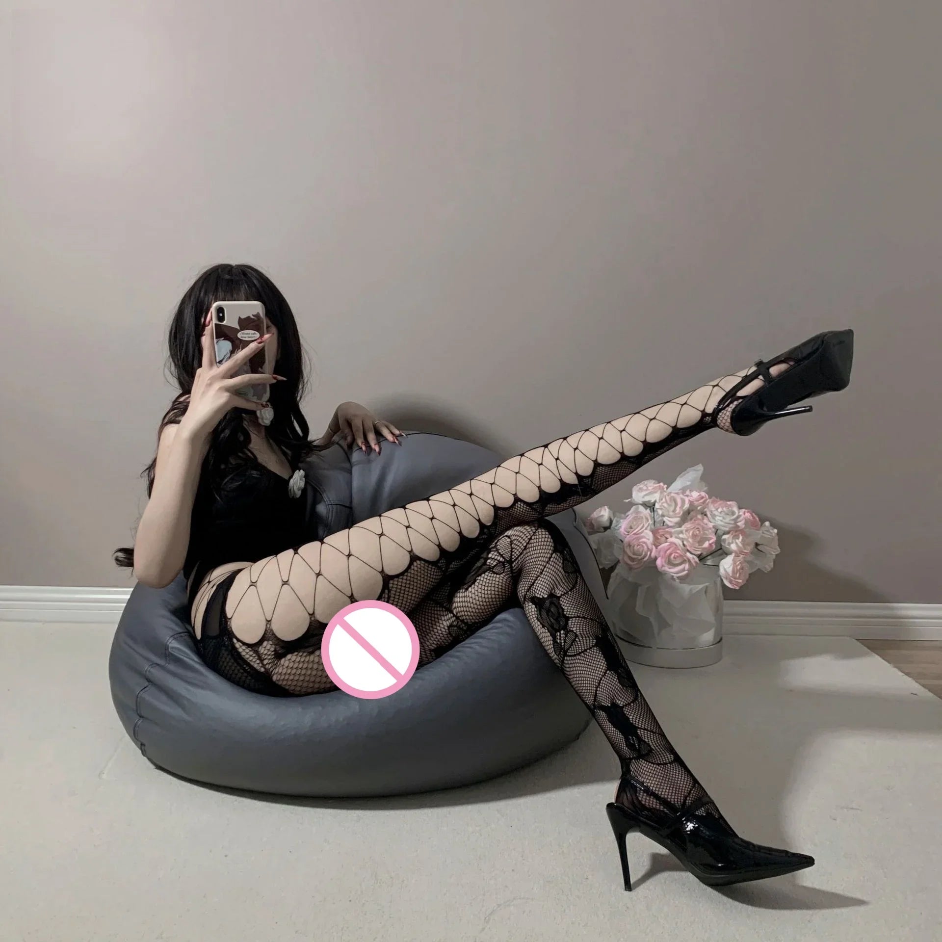 Versatile Bold Seductive Stockings Retro Fishing Net Socks Black Side Mesh Rose Hollow Stockings Pantyhose Black Silk