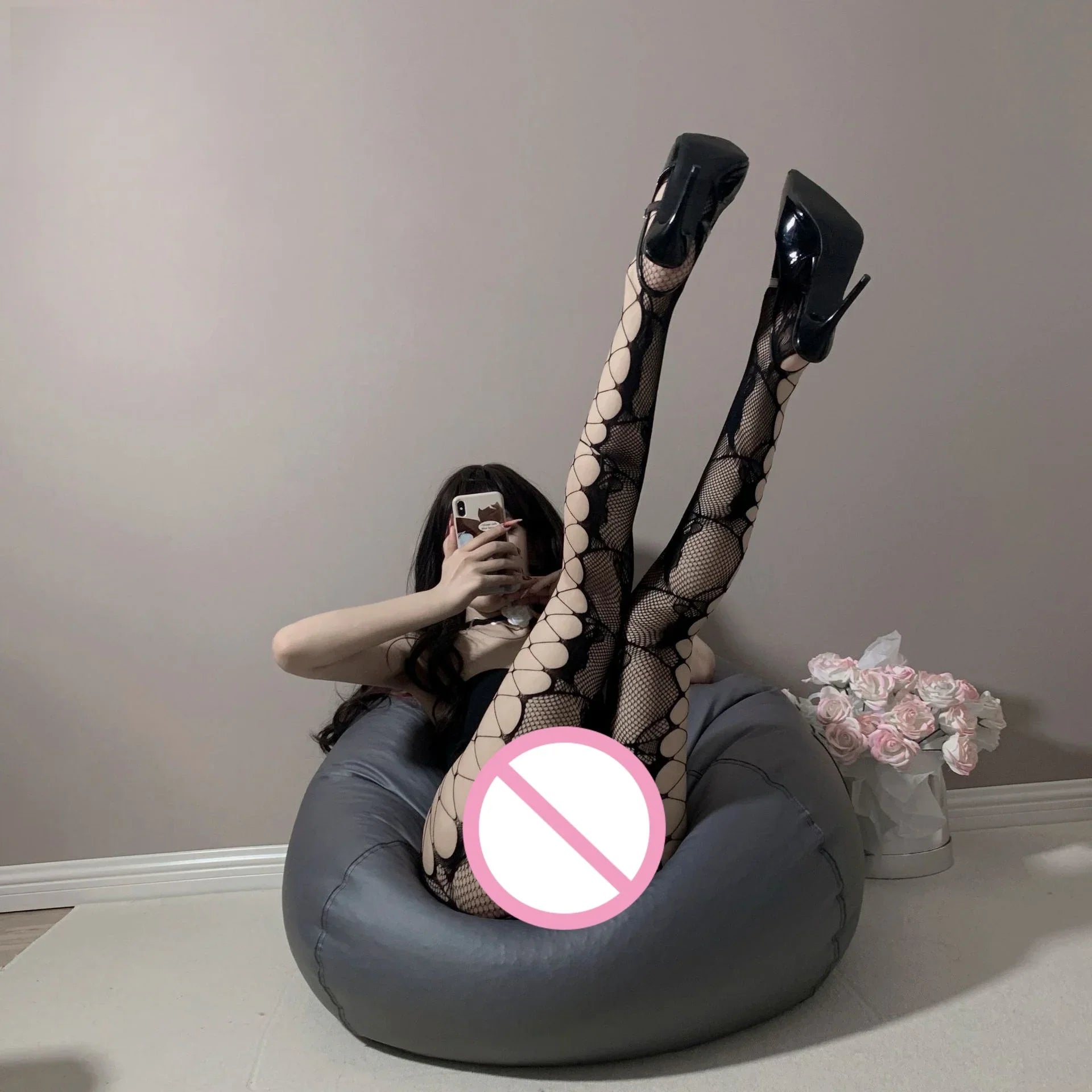 Versatile Bold Seductive Stockings Retro Fishing Net Socks Black Side Mesh Rose Hollow Stockings Pantyhose Black Silk