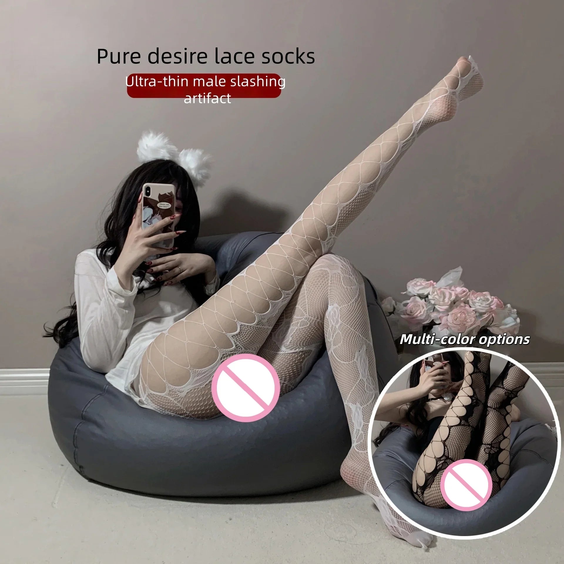 Versatile Bold Seductive Stockings Retro Fishing Net Socks Black Side Mesh Rose Hollow Stockings Pantyhose Black Silk