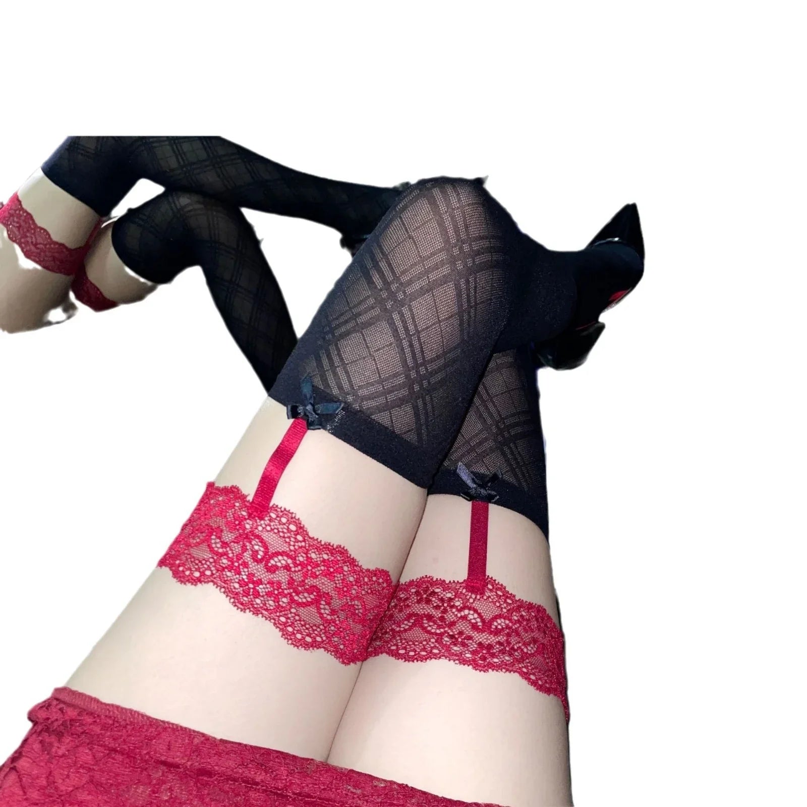 Versatile Diamond Pattern Black Knee-high One-piece Stockings with Lace Trim Erotic Stockings Knee-high Stockings