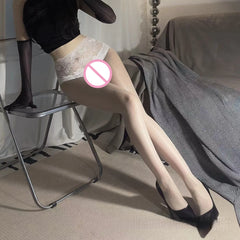 Versatile Flirtatious Ultra-thin Silky Lace Waistband Stockings Summer Black Stockings with Aurora Seamless Crotch Pantyhose