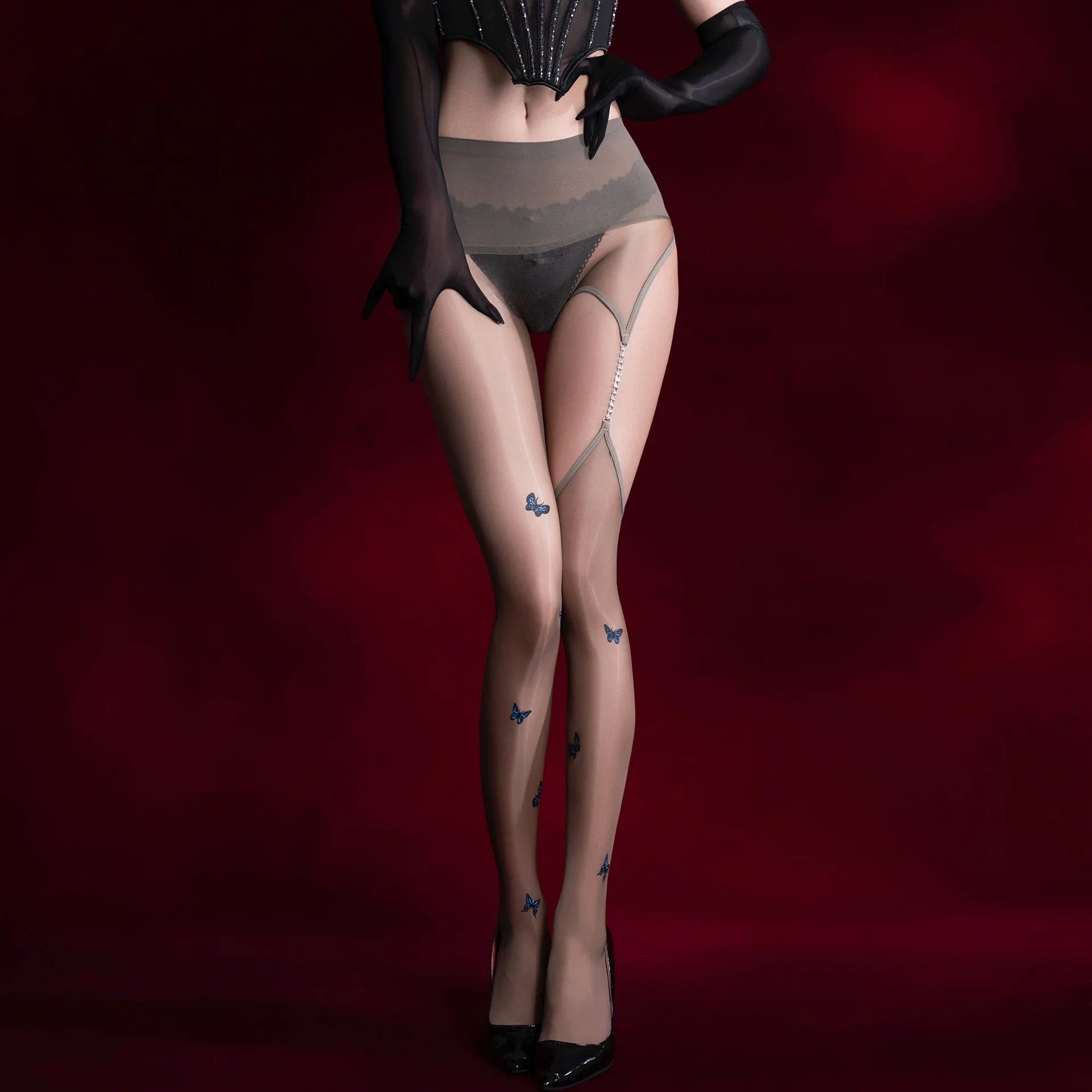 Versatile Seductive Tempting Bold Silky Shiny Seamless Ultra-thin 3D Aurora with Chain Knee-length One-piece Stockings