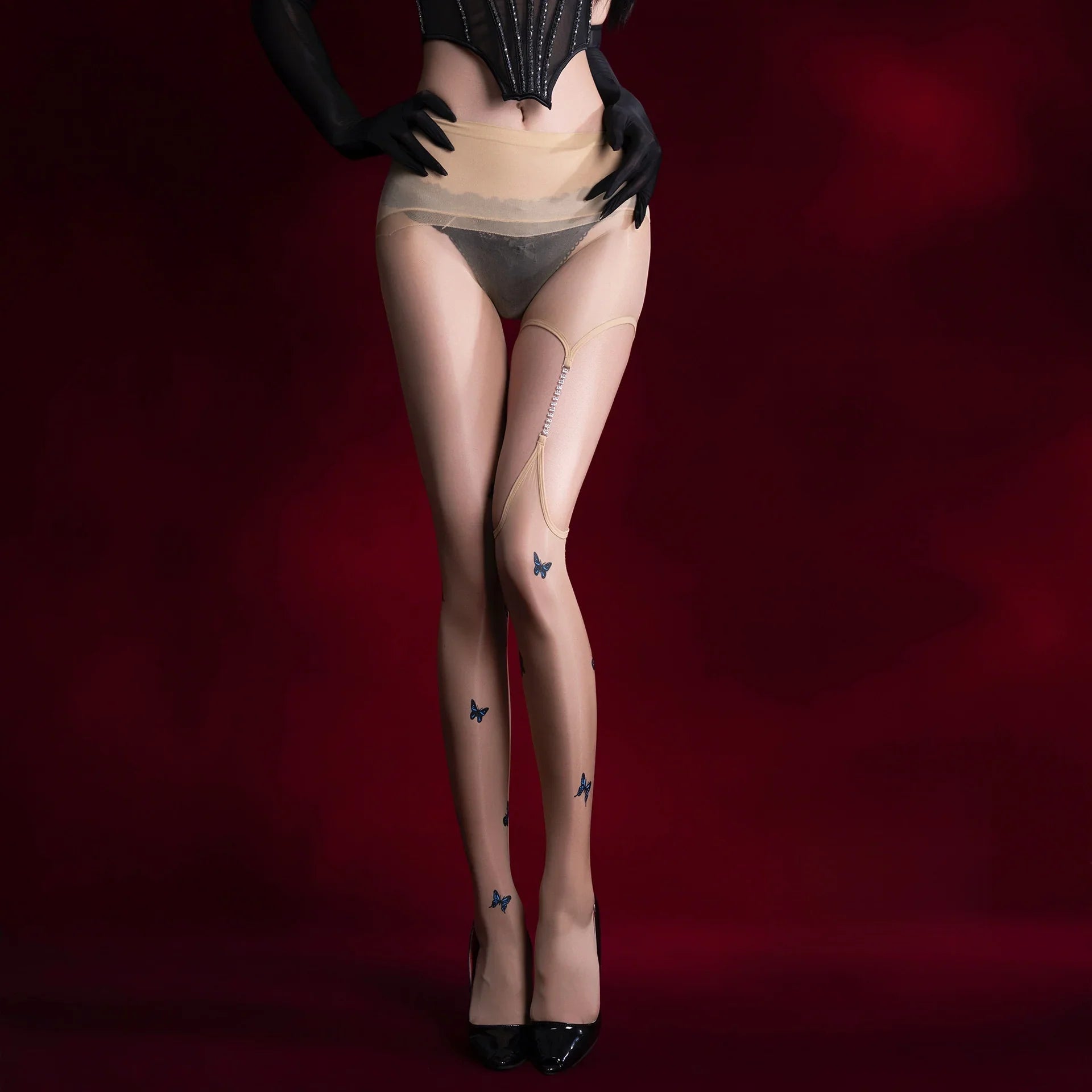 Versatile Seductive Tempting Bold Silky Shiny Seamless Ultra-thin 3D Aurora with Chain Knee-length One-piece Stockings