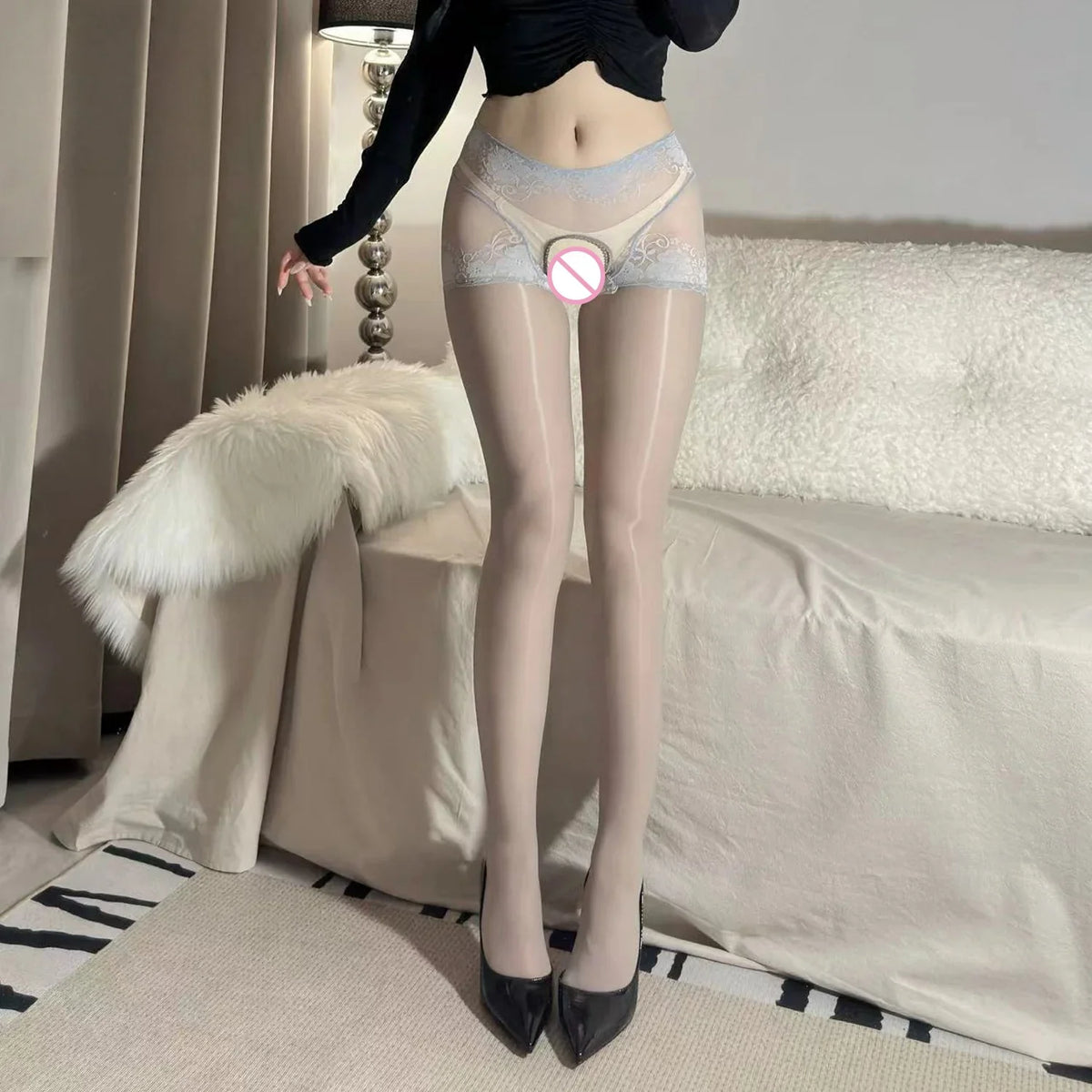Versatile Transparent and Lustrous Lace-up One-piece Stockings with Open Crotch Hip-lifting Floral Vine Horse Oil Socks
