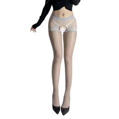 Versatile Transparent and Lustrous Lace-up One-piece Stockings with Open Crotch Hip-lifting Floral Vine Horse Oil Socks