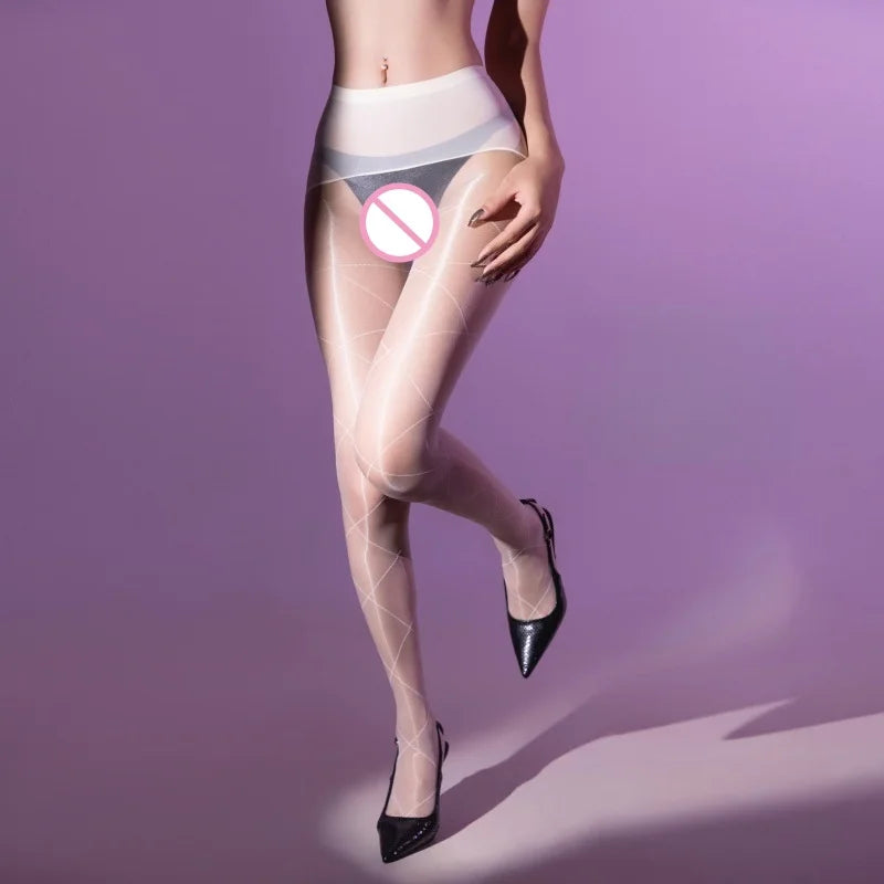 Versatile and Seductive Cross Diamond Pattern Seamless Erotic Stockings Aurora Glossy Ultra-thin Pantyhose