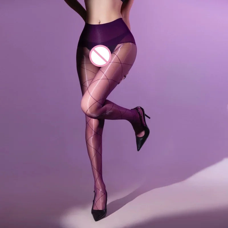 Versatile and Seductive Cross Diamond Pattern Seamless Erotic Stockings Aurora Glossy Ultra-thin Pantyhose