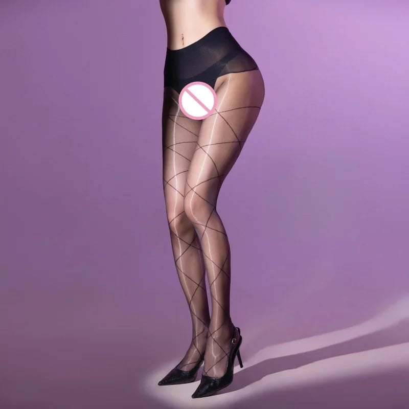 Versatile and Seductive Cross Diamond Pattern Seamless Erotic Stockings Aurora Glossy Ultra-thin Pantyhose