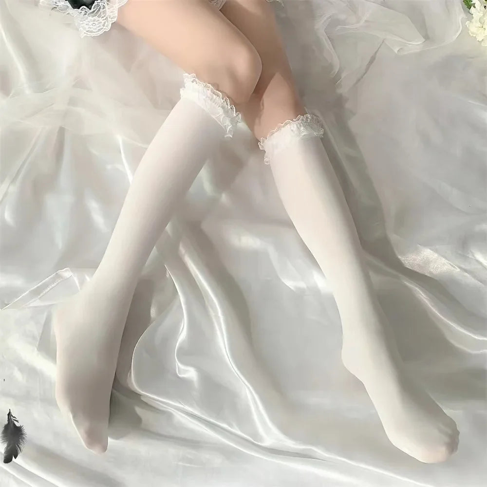 Versatile and Seductive Japanese Lolita Cute Jk Mid-calf Socks Lace Socks Calf Cotton Socks Pure Color Basic Black