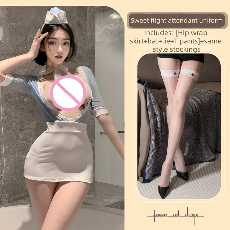 Wild Fairy  Expose Chest Rabbit Mature Sister Wind Deep V Secretary Uniform Underwear Flight Attendant Bag Hip Skirt