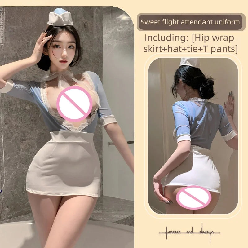 Wild Fairy  Expose Chest Rabbit Mature Sister Wind Deep V Secretary Uniform Underwear Flight Attendant Bag Hip Skirt