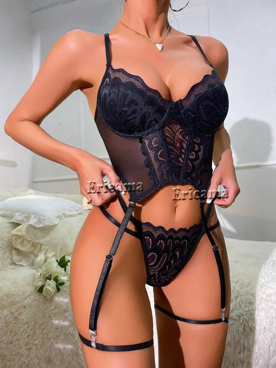 Erotic Underwear Lingerie Lace Bra Sets with Belts Teddy with Panty No Stockings S-XL sale