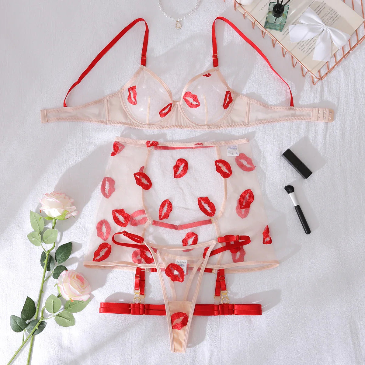 Mesh Perspective Red Lips Pure Desire Body Shaping Thin Underwear Split Four Piece Set
