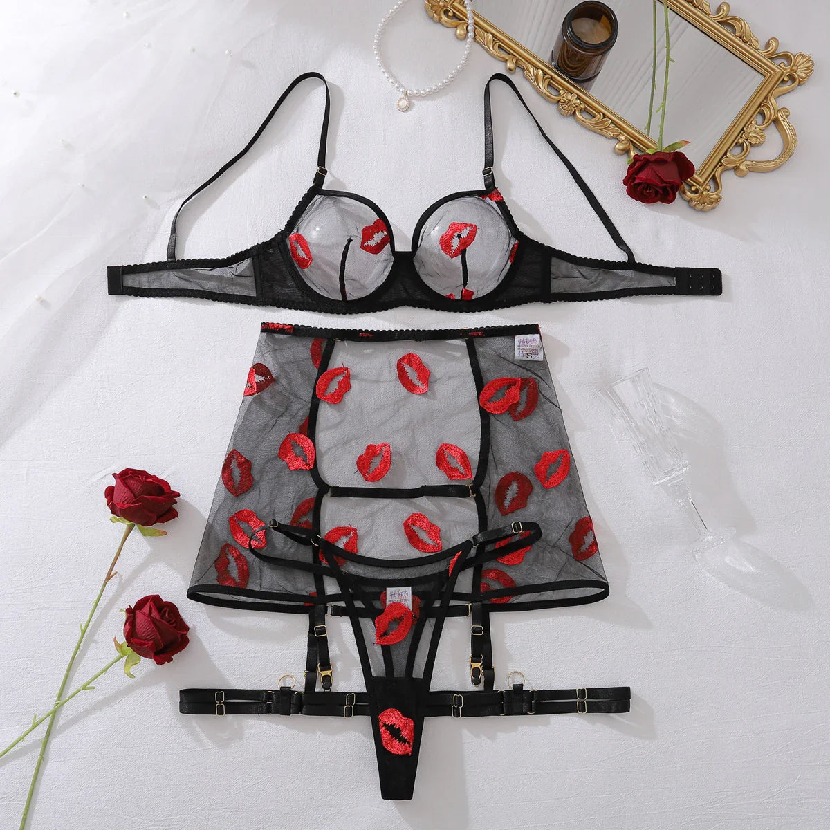 Mesh Perspective Red Lips Pure Desire Body Shaping Thin Underwear Split Four Piece Set