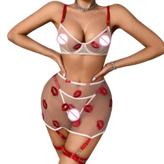 Mesh Perspective Red Lips Pure Desire Body Shaping Thin Underwear Split Four Piece Set