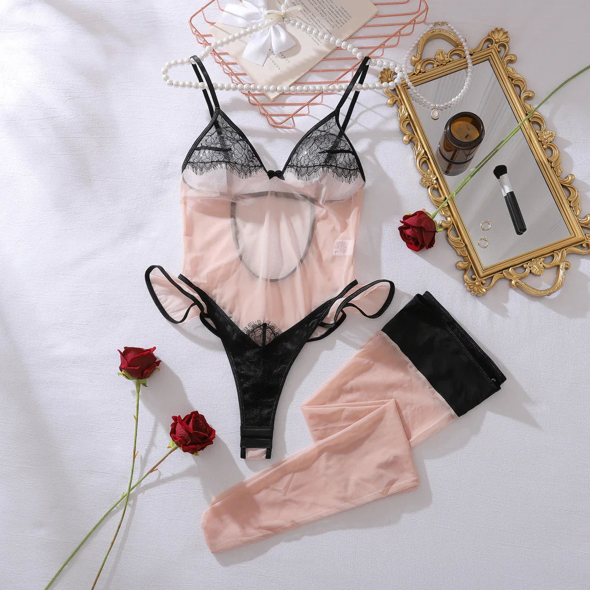 color blocking perspective eyelash lace patchwork mesh sweet lotus leaf skirt shaping backless jumpsuit with stockings