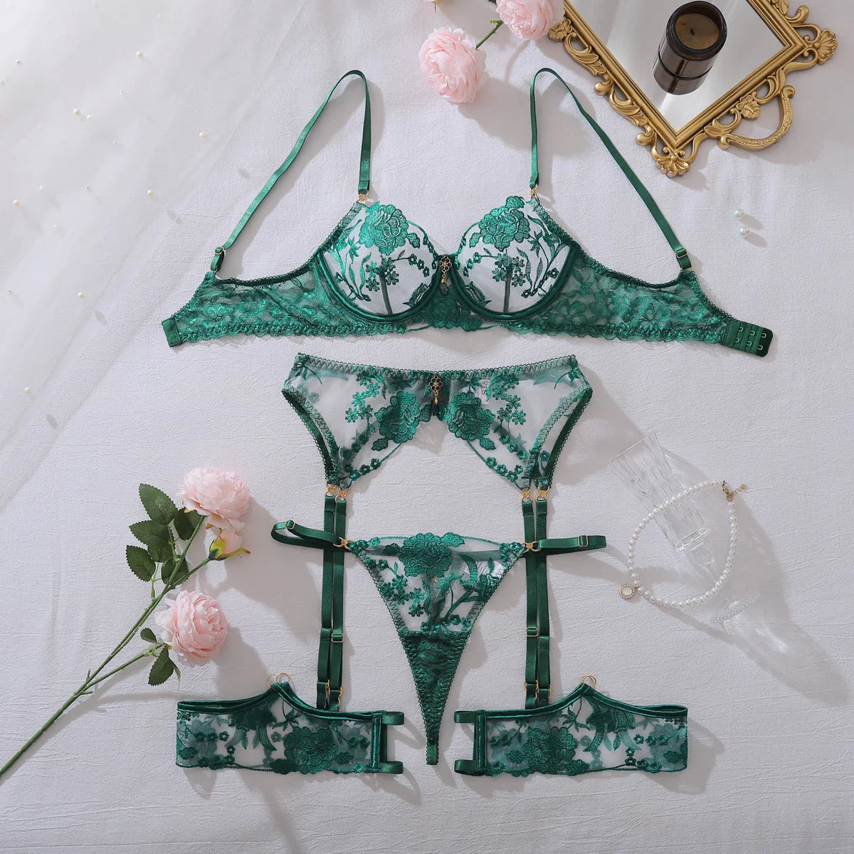 red heavy industry rose embroidery slim fit perspective gathering gemstone decoration lingerie four piece set
