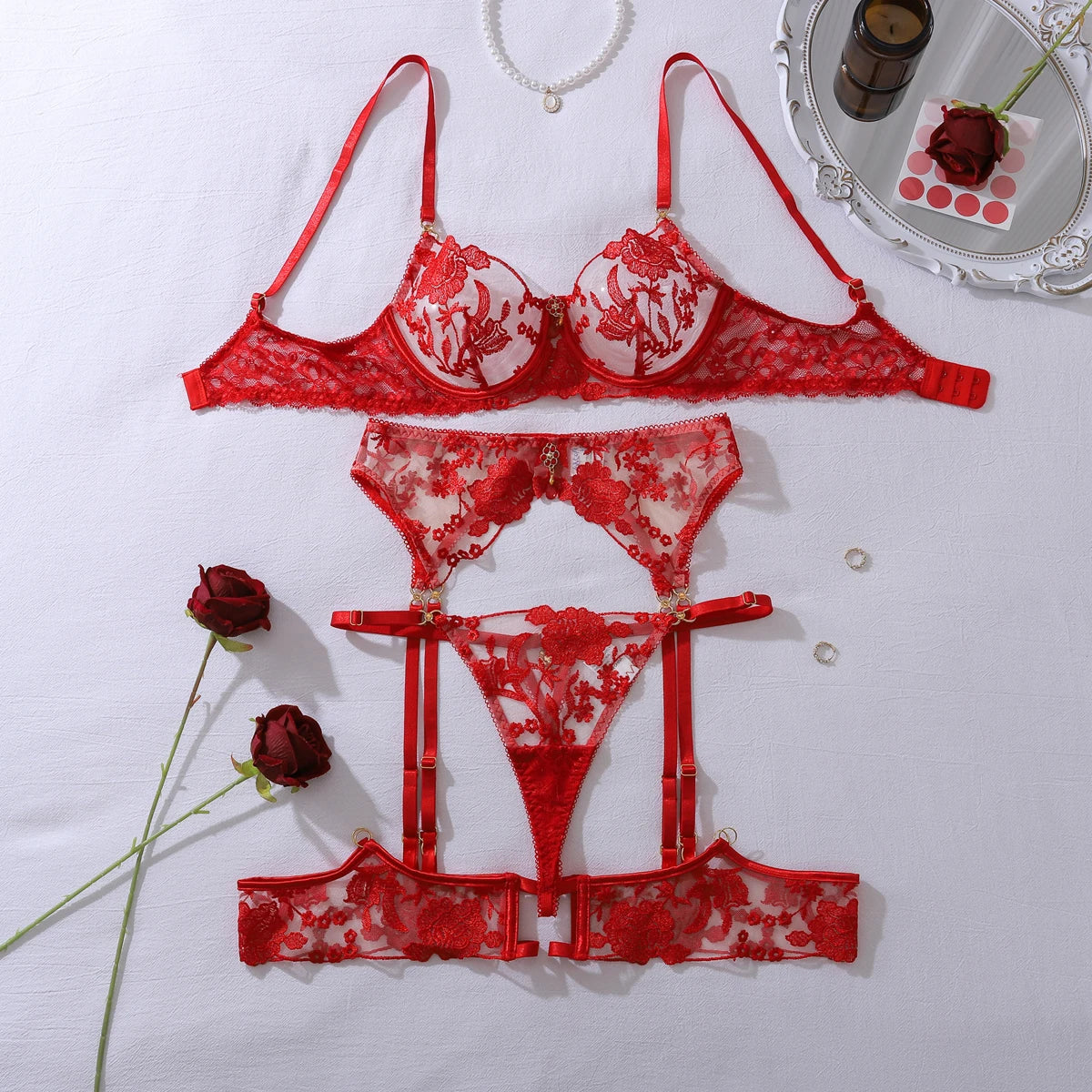 red heavy industry rose embroidery slim fit perspective gathering gemstone decoration lingerie four piece set