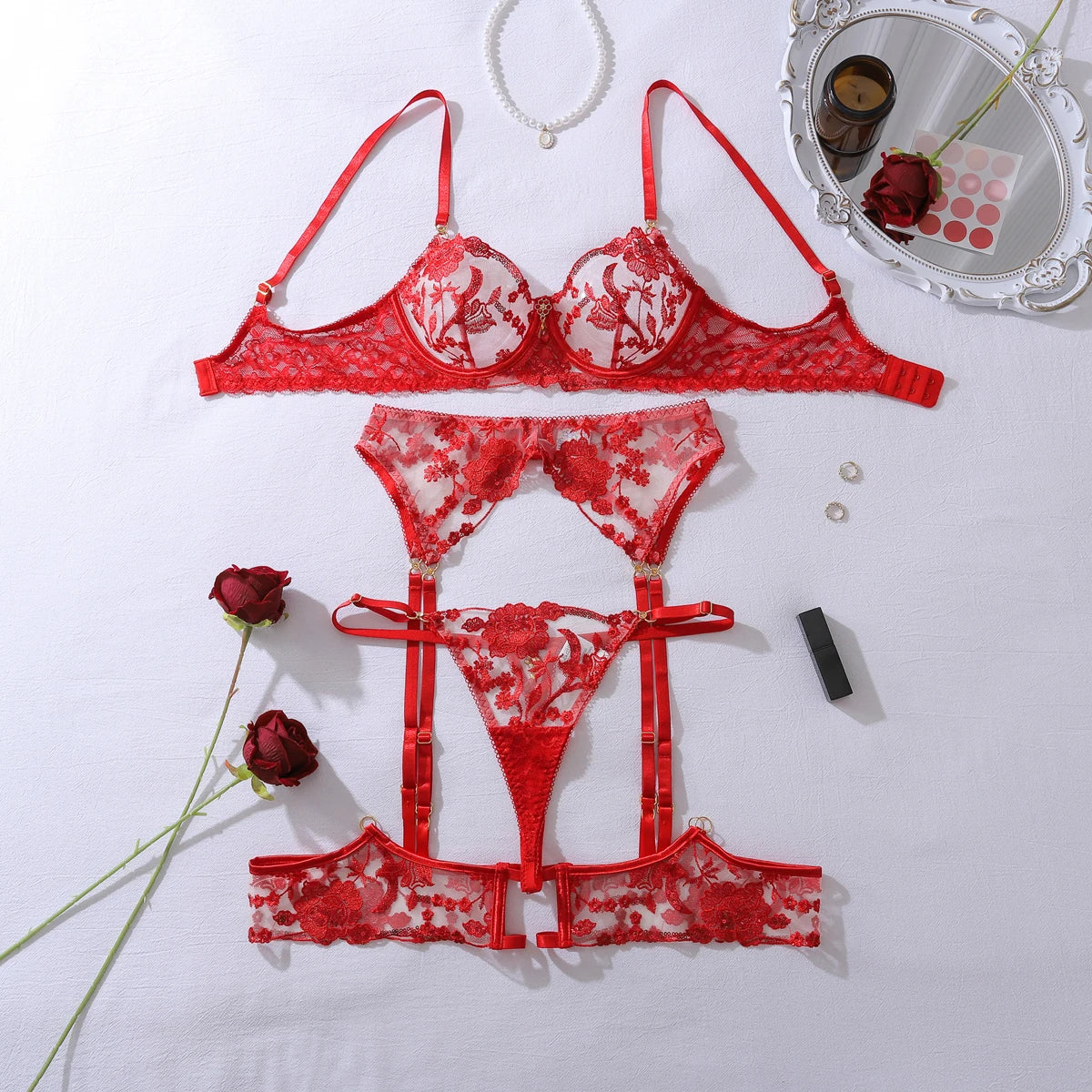 red heavy industry rose embroidery slim fit perspective gathering gemstone decoration lingerie four piece set