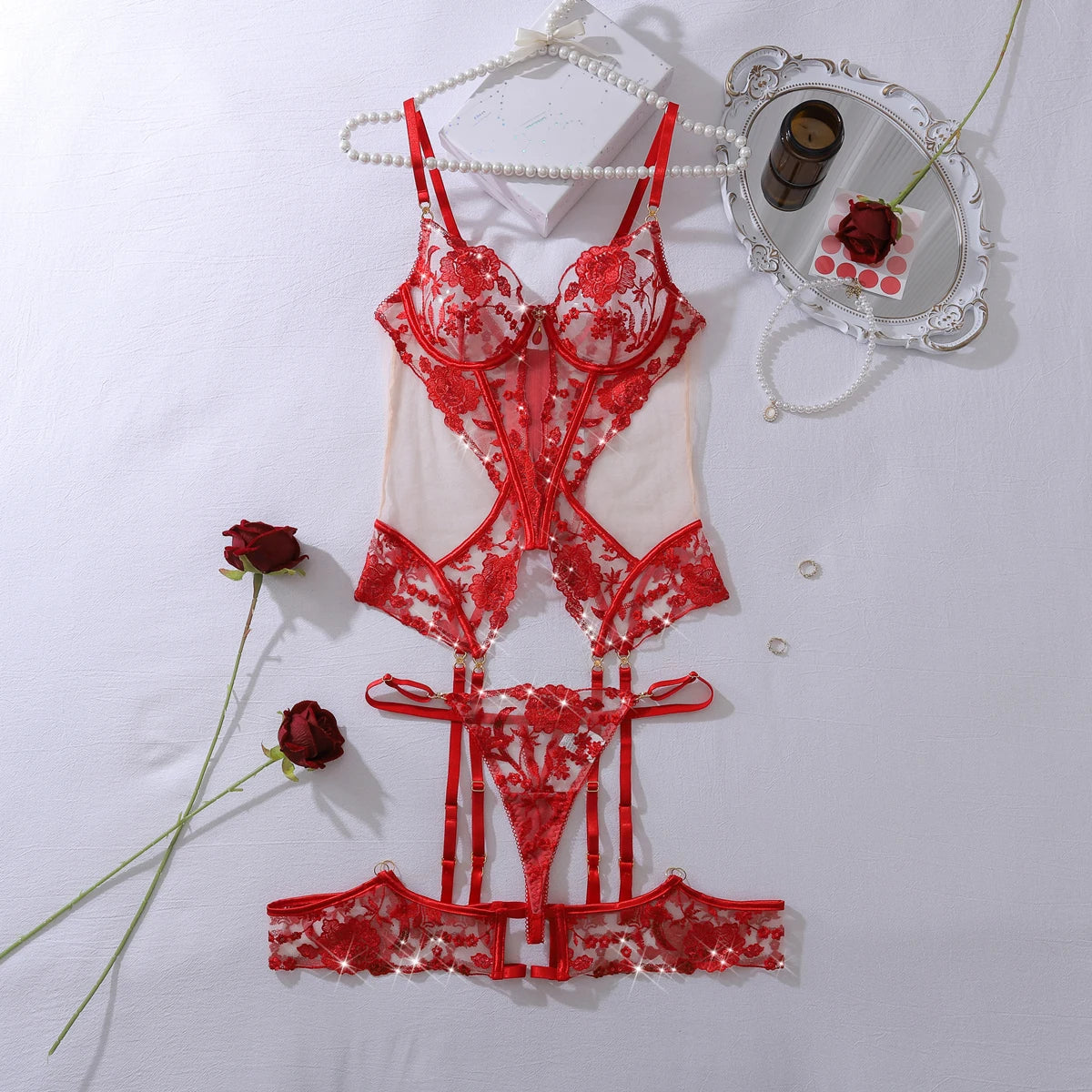 red heavy industry rose embroidery slim fit perspective inlaid gemstone decoration lingerie three piece set