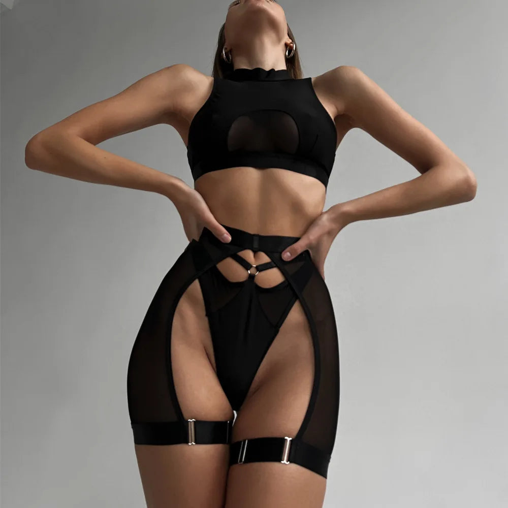Not Lingerie Set Black Bra Set Patchwork See Through Mesh Lingerie Set Panty