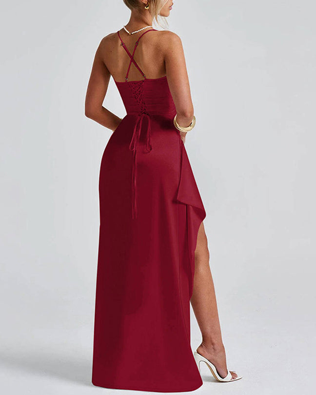 satin back tie, pleated hem, slit high low waist long skirt