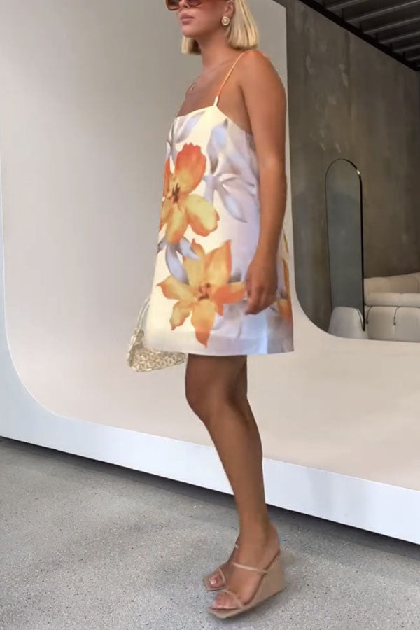 Surprise Linen Blend Floral Print Slip H-line Mini Dress