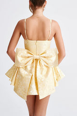 Jacquard Fabric Halter Back Elegant Bow Slim Fit Mini Dress