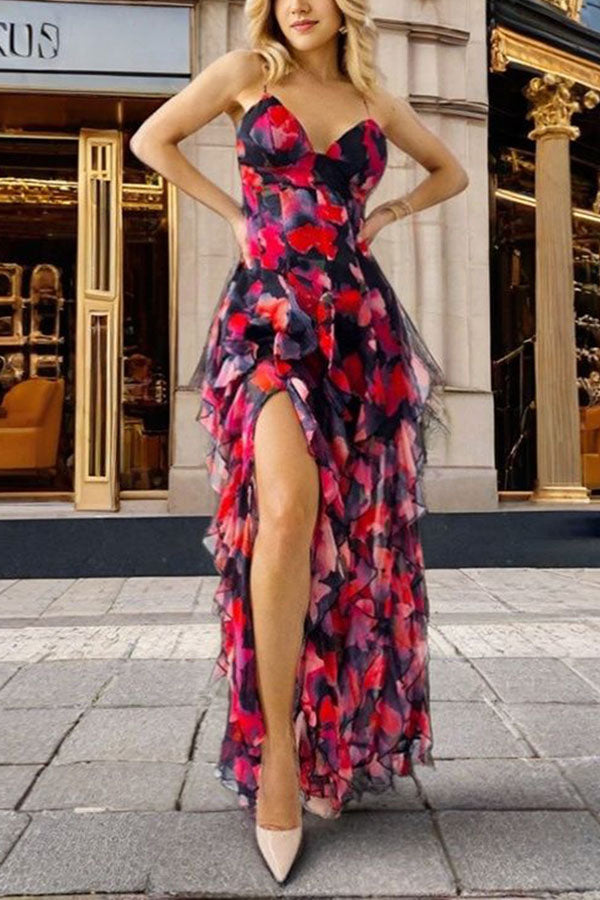 Millie | Floral Ruffle Long Skirt Chiffon Printed Fairy Style Long Style Evening Dress Coupon