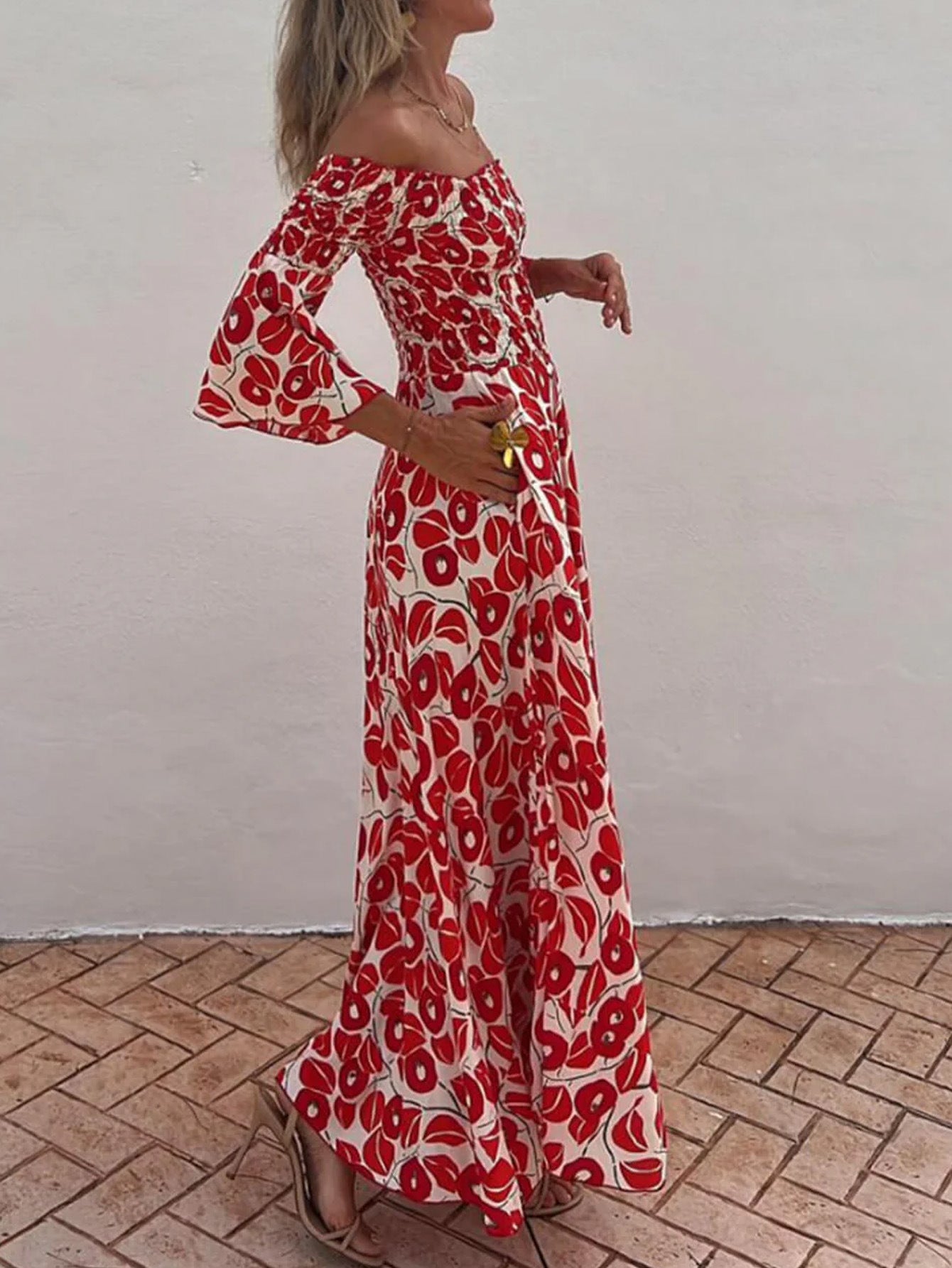 Vacation Flower Street Elegant Printed Off Shoulder Waist Pocket Long Dress